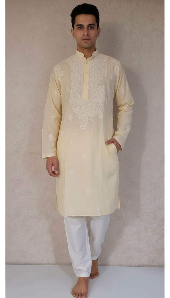 Image of Beige Cotton Linen Chikankari Kurta