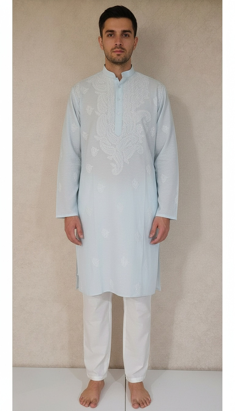 Blue Cotton Linen Chikankari Kurta