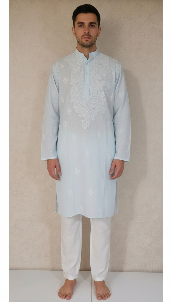 Image of Blue Cotton Linen Chikankari Kurta