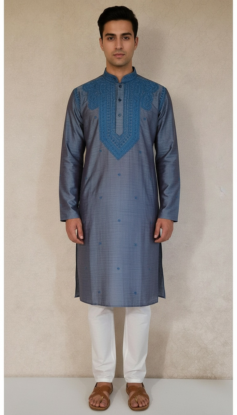 Blue Silk Blend Chikankari Kurta
