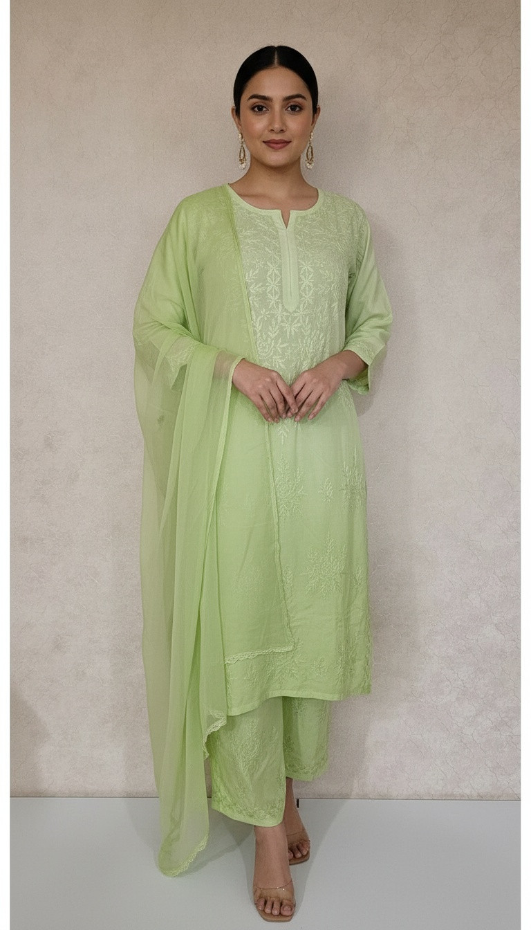 Green Muslin Chikankari Kurta, Dupatta & Pant Set