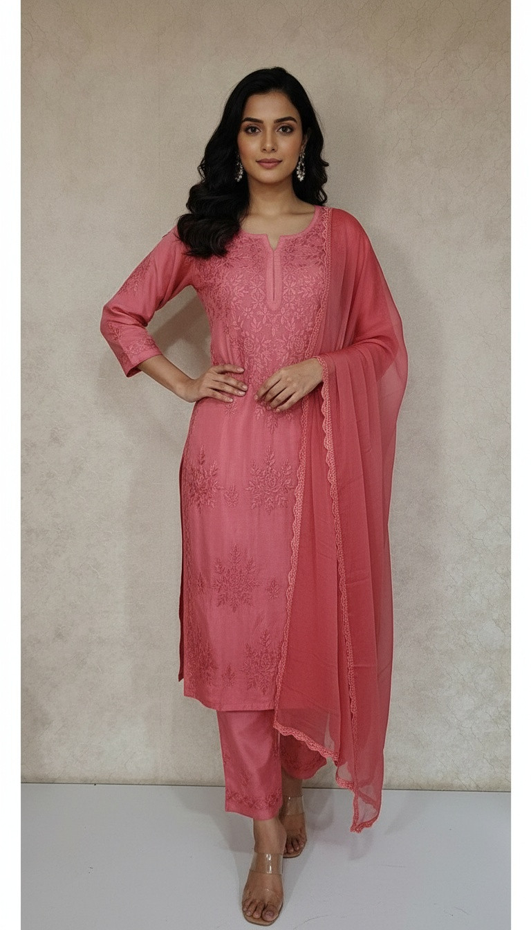 Crimson Red Muslin Chikankari Kurta, Dupatta & Pant Set