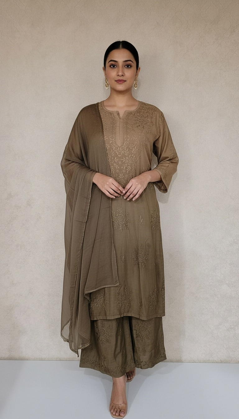 Olive Green Muslin Chikankari Kurta, Dupatta & Pant Set