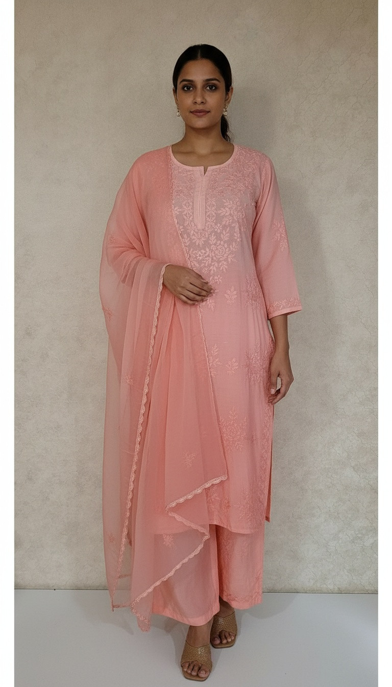 Peach Pink Muslin Chikankari Kurta, Dupatta & Pant Set