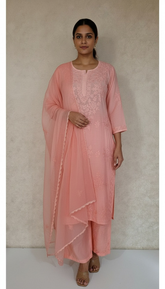 Image of Peach Pink Muslin Chikankari Kurta, Dupatta &amp; Pant Set