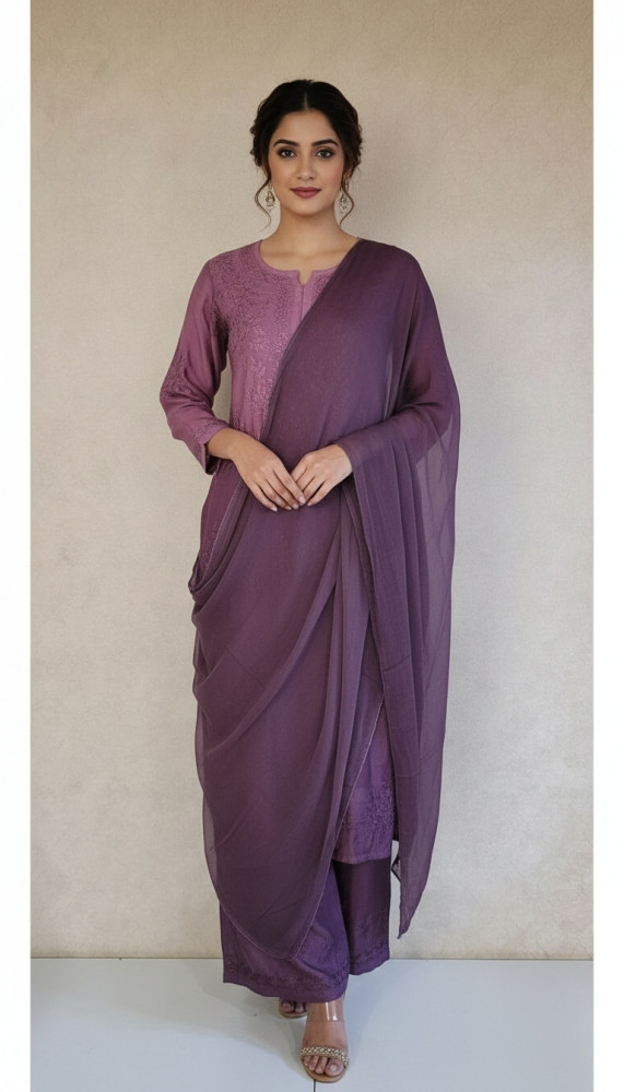 Image of Purple Muslin Chikankari Kurta, Dupatta &amp; Pant Set