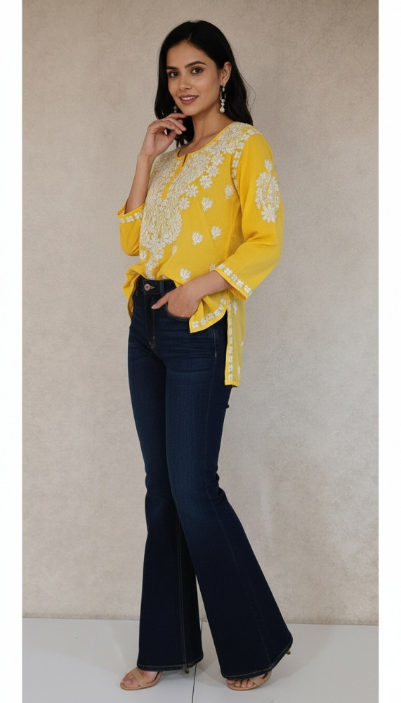 Image of Yellow Modal Chikankari Short Top