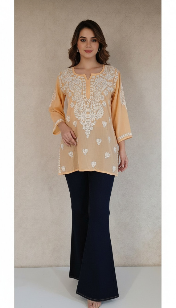 Image of Peach Modal Chikankari Short Top