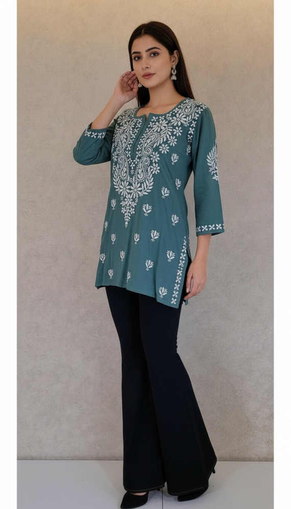 Image of Dark Green Modal Chikankari Short Top