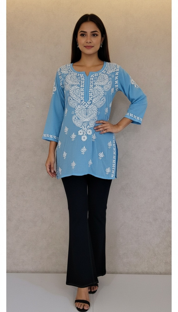 Image of Blue Modal Chikankari Short Top
