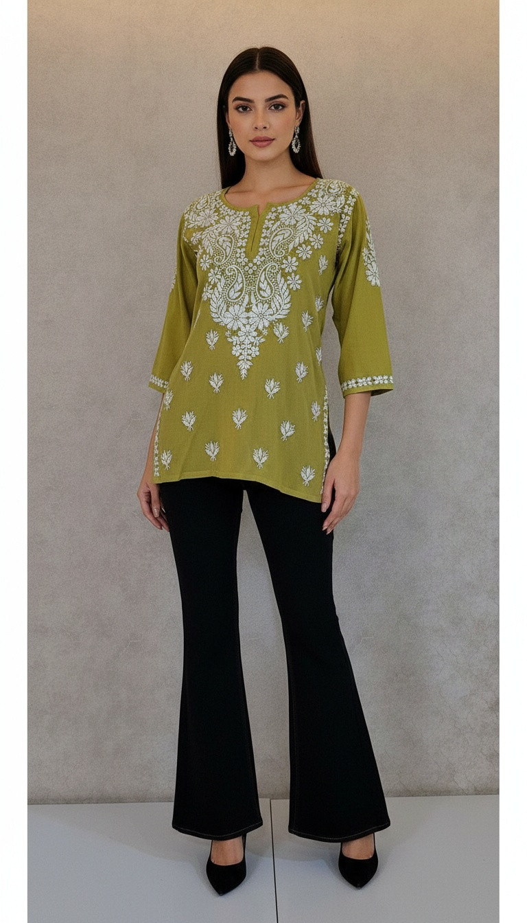 Green Modal Chikankari Short Top