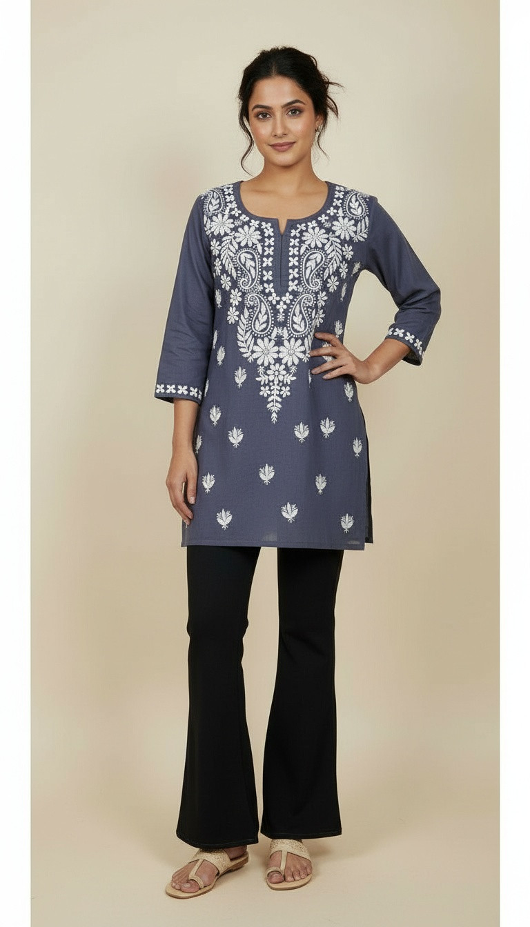 Dark Gray Modal Chikankari Short Top