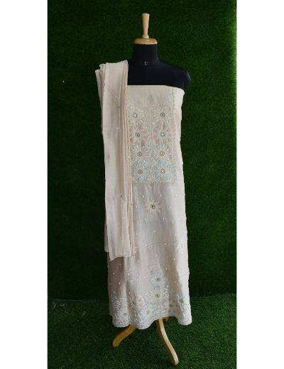 Chhangamal Hand Embroidered  Beige Colour Unstitched Chanderi Chikankari Suit Length