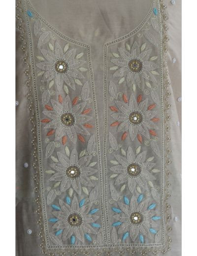Chhangamal Hand Embroidered  Beige Colour Unstitched Chanderi Chikankari Suit Length