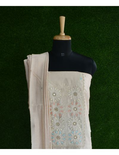 Chhangamal Hand Embroidered  Beige Colour Unstitched Chanderi Chikankari Suit Length