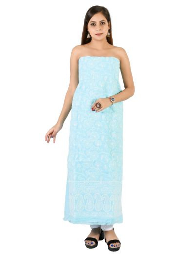 Chhangamal Hand Embroidered  Blue Cotton Blend Chikankari Suitlength