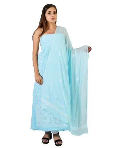 Chhangamal Hand Embroidered  Blue Cotton Blend Chikankari Suitlength
