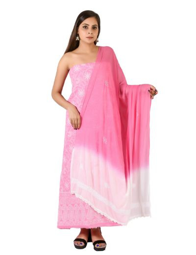 Chhangamal Hand Embroidered  Dark Pink Cotton Blend Chikankari Suitlength