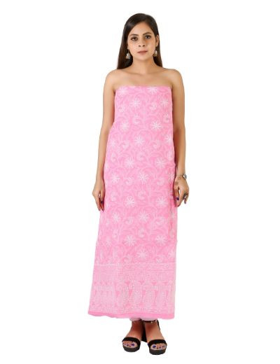 Chhangamal Hand Embroidered  Dark Pink Cotton Blend Chikankari Suitlength