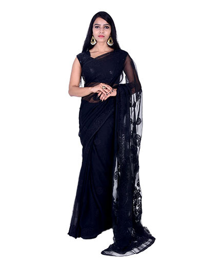 Chhangamal Hand Embroidered  Georgette Lehanga Palla Black Colour Chikankari Saree