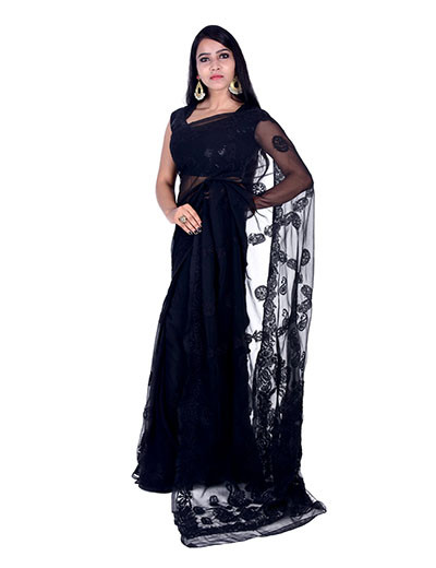 Chhangamal Hand Embroidered  Georgette Lehanga Palla Black Colour Chikankari Saree