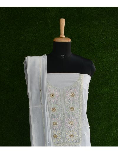 Chhangamal Hand Embroidered  Gray Colour Unstitched Chanderi Chikankari Suit Length