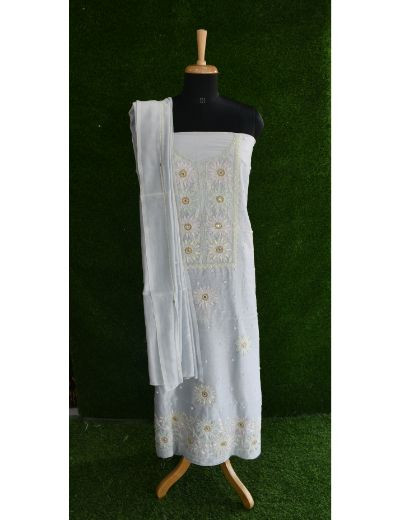 Chhangamal Hand Embroidered  Gray Colour Unstitched Chanderi Chikankari Suit Length