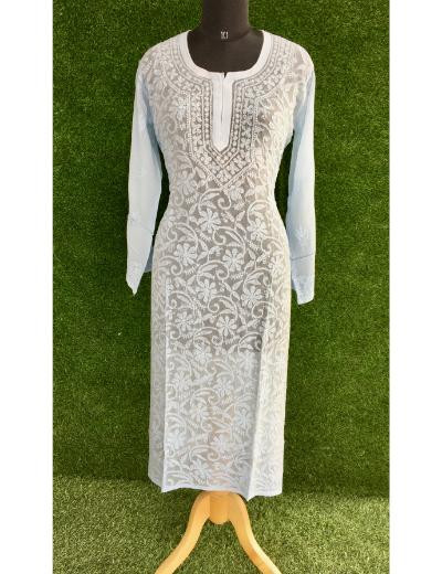 Chhangamal Hand Embroidered  Light Blue  Colour Pure Georgette Chikankari  Kurti
