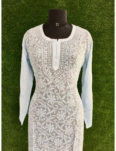 Chhangamal Hand Embroidered  Light Blue  Colour Pure Georgette Chikankari  Kurti