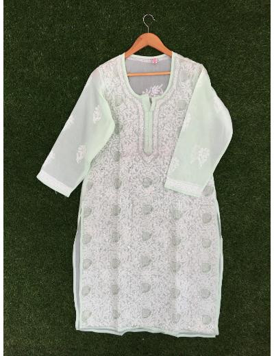 Chhangamal Hand Embroidered  Light Green  Colour Cotton Chikankari Kurti