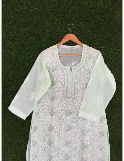Chhangamal Hand Embroidered  Light Green  Colour Cotton Chikankari Kurti