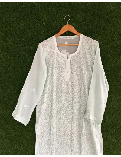 Chhangamal Hand Embroidered  Light Green  Colour Pure Georgette Chikankari  Kurti