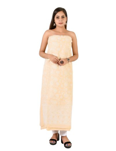 Chhangamal Hand Embroidered  Peach Cotton Blend Chikankari Suitlength