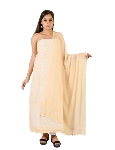 Chhangamal Hand Embroidered  Peach Cotton Blend Chikankari Suitlength