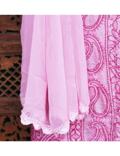 Chhangamal Hand Embroidered  Pink Colour Unstitched Silk Chikankari Suit Length