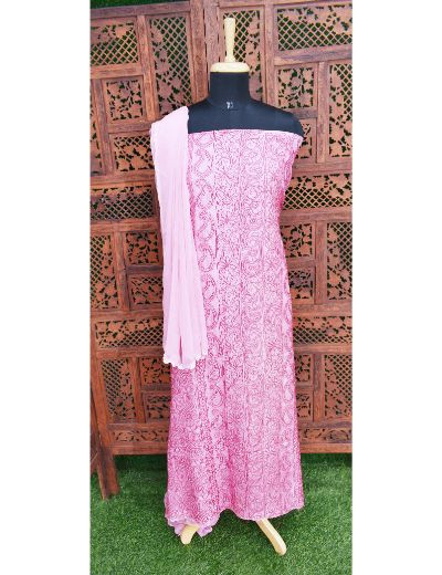 Chhangamal Hand Embroidered  Pink Colour Unstitched Silk Chikankari Suit Length