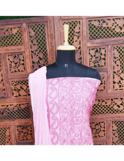 Chhangamal Hand Embroidered  Pink Colour Unstitched Silk Chikankari Suit Length