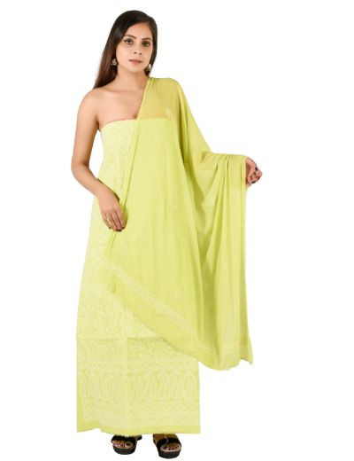 Chhangamal Hand Embroidered  Pista Green Cotton Blend Chikankari Suitlength