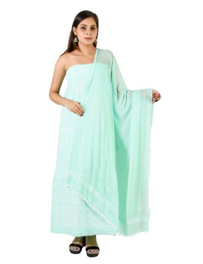 Chhangamal Hand Embroidered  Sea Green Cotton Blend Chikankari Suitlength