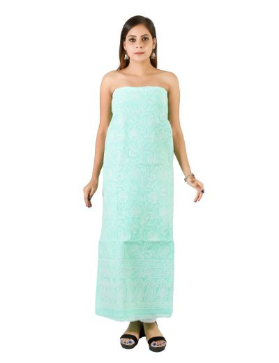 Chhangamal Hand Embroidered  Sea Green Cotton Blend Chikankari Suitlength