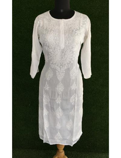 Chhangamal Hand Embroidered  White  Colour Muslin Chikankari  Kurti
