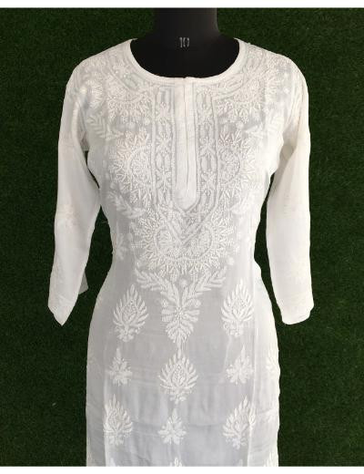 Chhangamal Hand Embroidered  White  Colour Muslin Chikankari  Kurti