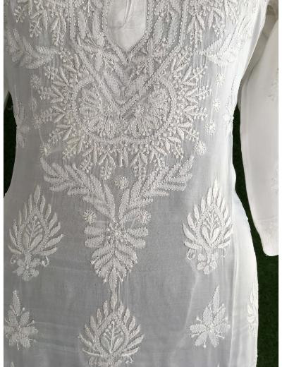 Chhangamal Hand Embroidered  White  Colour Muslin Chikankari  Kurti