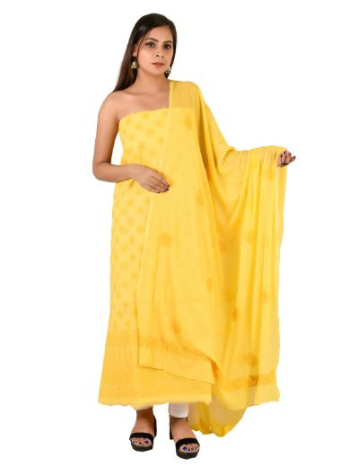 Chhangamal Hand Embroidered  Yellow Cotton Blend Chikankari Suitlength