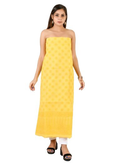 Chhangamal Hand Embroidered  Yellow Cotton Blend Chikankari Suitlength