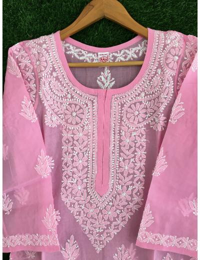 Chhangamal Hand Embroidered Baby Pink Colour Cotton Chikankari Kurti
