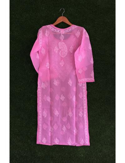 Chhangamal Hand Embroidered Baby Pink Colour Cotton Chikankari Kurti