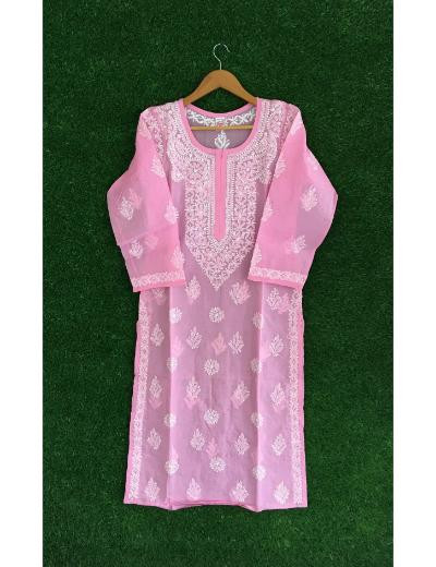 Chhangamal Hand Embroidered Baby Pink Colour Cotton Chikankari Kurti