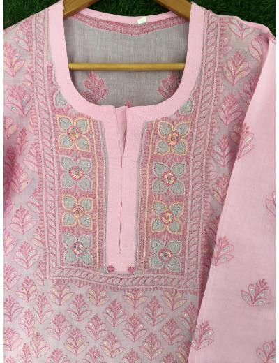 Chhangamal Hand Embroidered Baby Pink Colour Cotton Chikankari Kurti