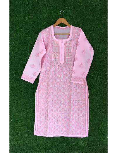 Chhangamal Hand Embroidered Baby Pink Colour Cotton Chikankari Kurti
